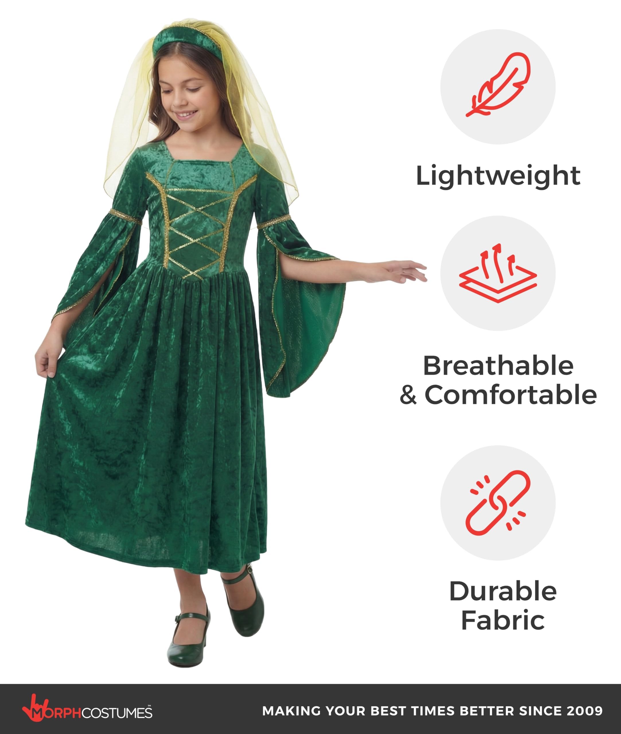 fun shack Green Girls Renaissance Costume, Medieval Costume Girls, Kids Princess Costumes, Book Characters Costumes for Kids - Image 4