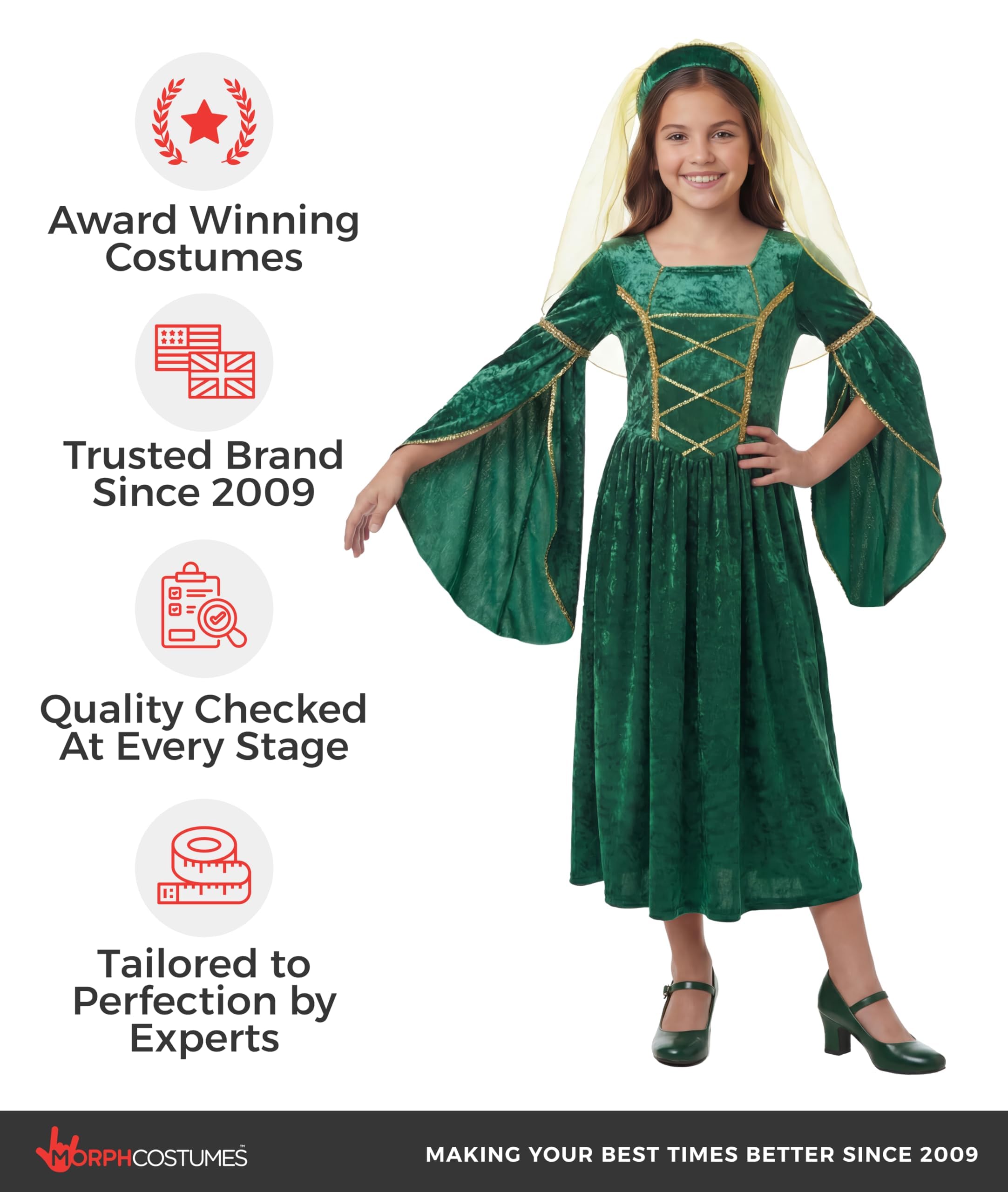 fun shack Green Girls Renaissance Costume, Medieval Costume Girls, Kids Princess Costumes, Book Characters Costumes for Kids - Image 5